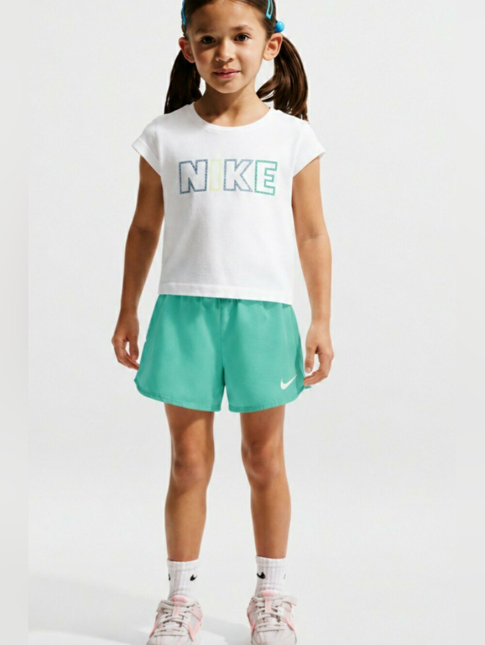 Nike Girls' White Graphic Logo Tee - Blue/Green Accent